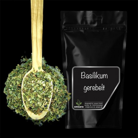 Basilikum gerebelt 40 g aus der Kategorie Kräuter von emsara GmbH – Basilikum: Stammt ursprünglich aus dem Mittelmeerraum. Das f