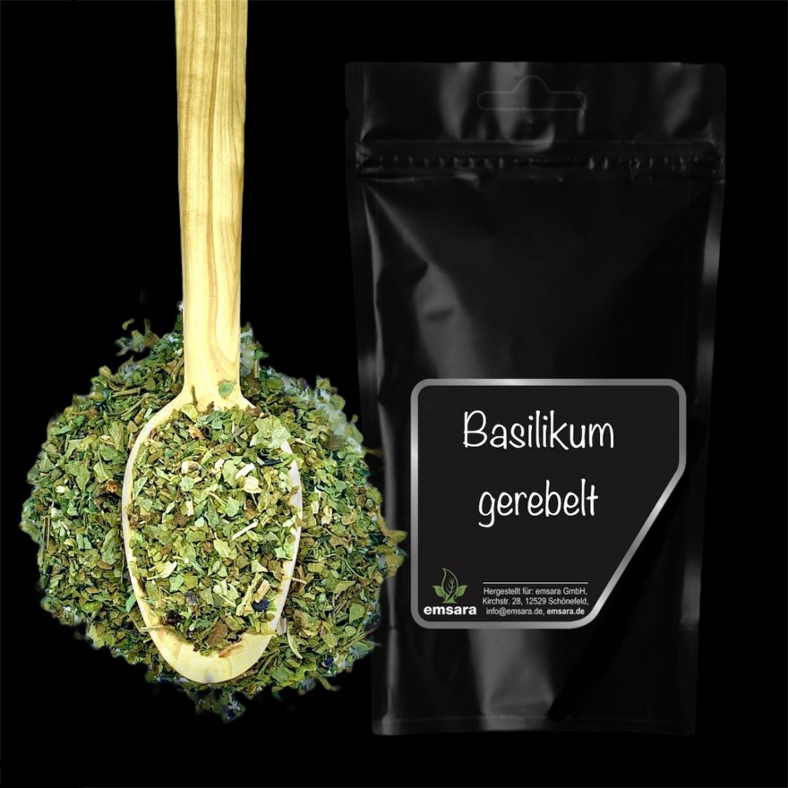 Basilikum gerebelt 40 g aus der Kategorie Kräuter von emsara GmbH – Basilikum: Stammt ursprünglich aus dem Mittelmeerraum. Das f